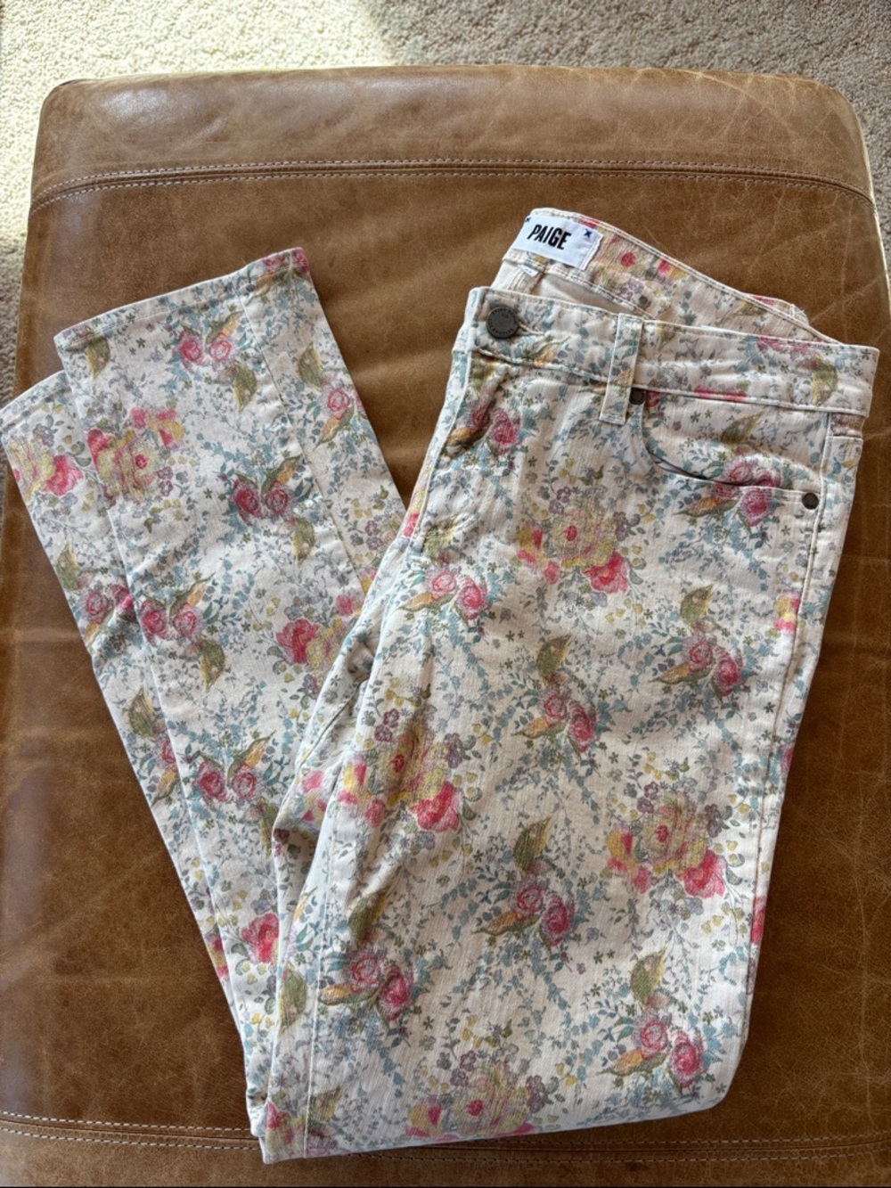 PAIGE Floral Print Cream Skinny Jeans with Pink & Green Roses